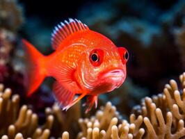 Fish is swimming among the coral reef photo