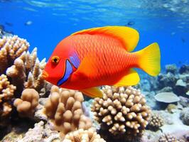 Fish is swimming among the coral reef photo