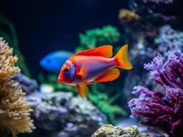 Fish is swimming among the coral reef photo