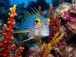 Fish is swimming among the coral reef photo
