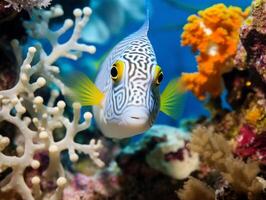 Fish is swimming among the coral reef photo