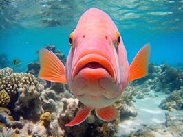 Fish is swimming among the coral reef photo