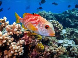 Fish is swimming among the coral reef photo