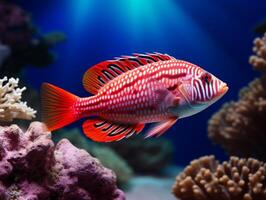 Fish is swimming among the coral reef photo