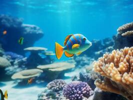 Fish is swimming among the coral reef photo