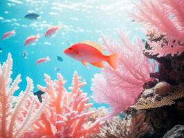 Fish is swimming among the coral reef photo