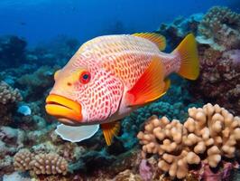 Fish is swimming among the coral reef photo