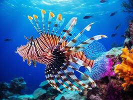 Fish is swimming among the coral reef photo