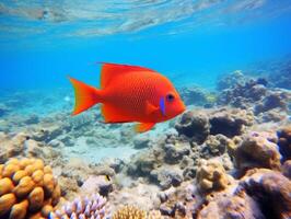 Fish is swimming among the coral reef photo