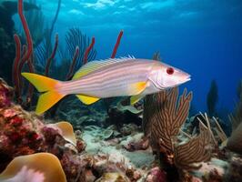 Fish is swimming among the coral reef photo