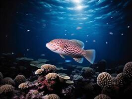 Fish is swimming among the coral reef photo