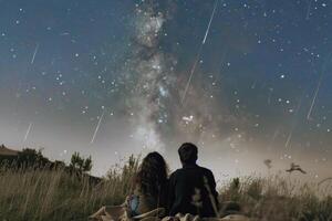 Couple stargazing on blanket in meadow, counting shooting stars on clear summer night photo