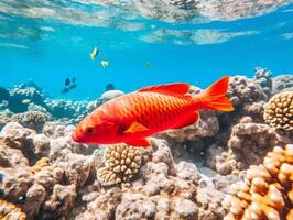 Fish is swimming among the coral reef photo