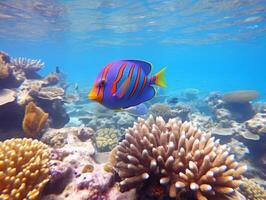 Fish is swimming among the coral reef photo