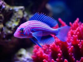 Fish is swimming among the coral reef photo