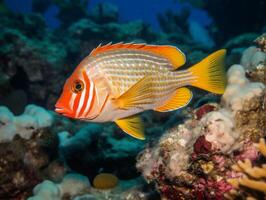 Fish is swimming among the coral reef photo