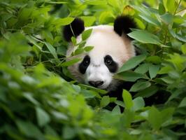 panda emergente desde denso bambú matorral foto