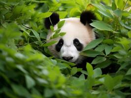 Panda emerging from dense bamboo thicket photo