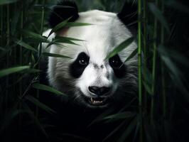 panda emergente desde denso bambú matorral foto