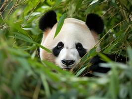 panda emergente desde denso bambú matorral foto