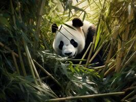 Panda emerging from dense bamboo thicket photo