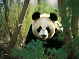 Panda emerging from dense bamboo thicket photo