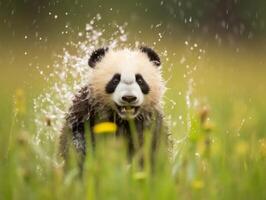 panda jolgorio en raro lluvia ducha foto