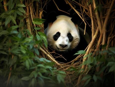 Panda emerging from dense bamboo thicket photo
