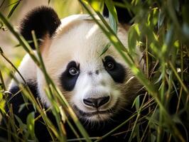 Panda emerging from dense bamboo thicket photo