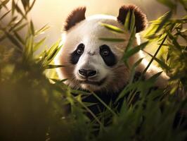 Panda emerging from dense bamboo thicket photo