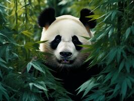 Panda emerging from dense bamboo thicket photo