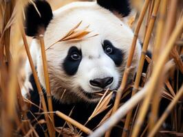 Panda emerging from dense bamboo thicket photo