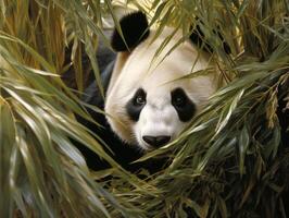 Panda emerging from dense bamboo thicket photo