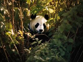 panda emergente desde denso bambú matorral foto