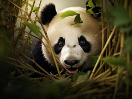 panda emergente desde denso bambú matorral foto