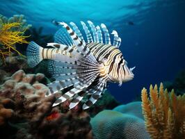 Fish is swimming among the coral reef photo