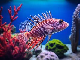 Fish is swimming among the coral reef photo