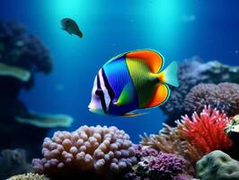 Fish is swimming among the coral reef photo