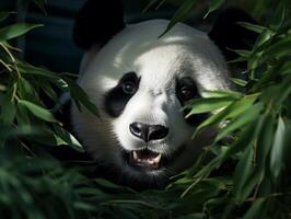 Panda emerging from dense bamboo thicket photo