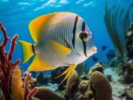 Fish is swimming among the coral reef photo