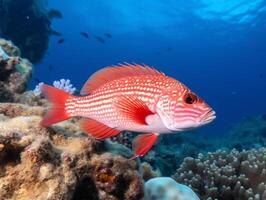 Fish is swimming among the coral reef photo