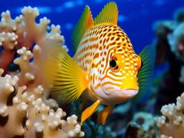 Fish is swimming among the coral reef photo