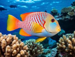 Fish is swimming among the coral reef photo