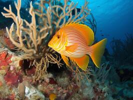 Fish is swimming among the coral reef photo