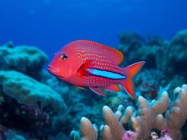 Fish is swimming among the coral reef photo