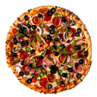 top view of a delicious Italian pizza on transparent background. Italian pizza on wooden pizza board. top view shot. file. png