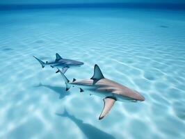 tiburones nadando en cristal claro aguas foto