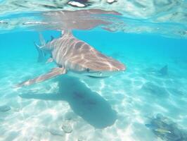 tiburones nadando en cristal claro aguas foto