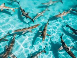 tiburones nadando en cristal claro aguas foto