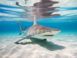 tiburones nadando en cristal claro aguas foto